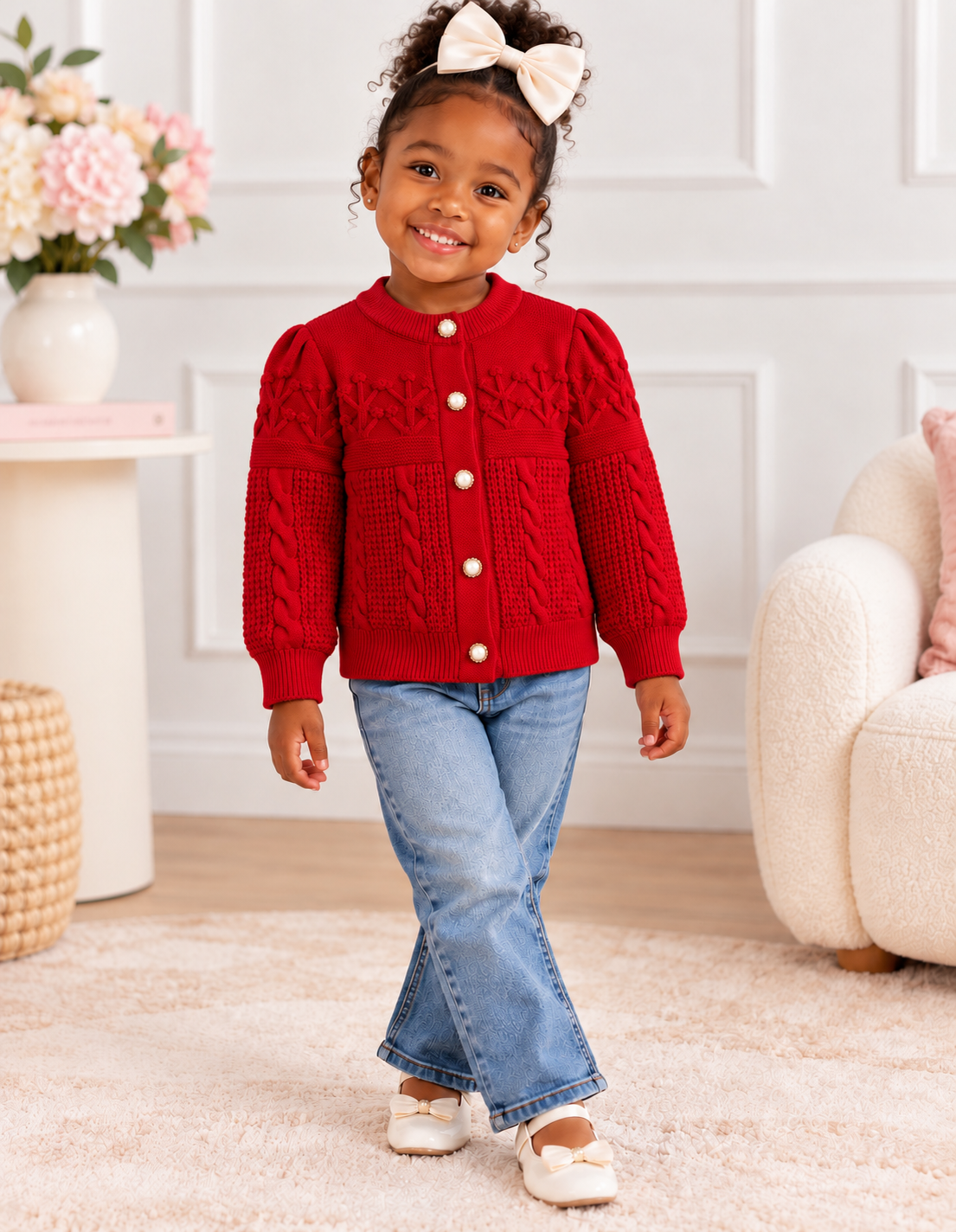 A young girl smiling and wearing a red cable-knit cardigan sweater, blue jeans, and white shoes in a bright, modern room with a cream armchair and a side table with flowers.