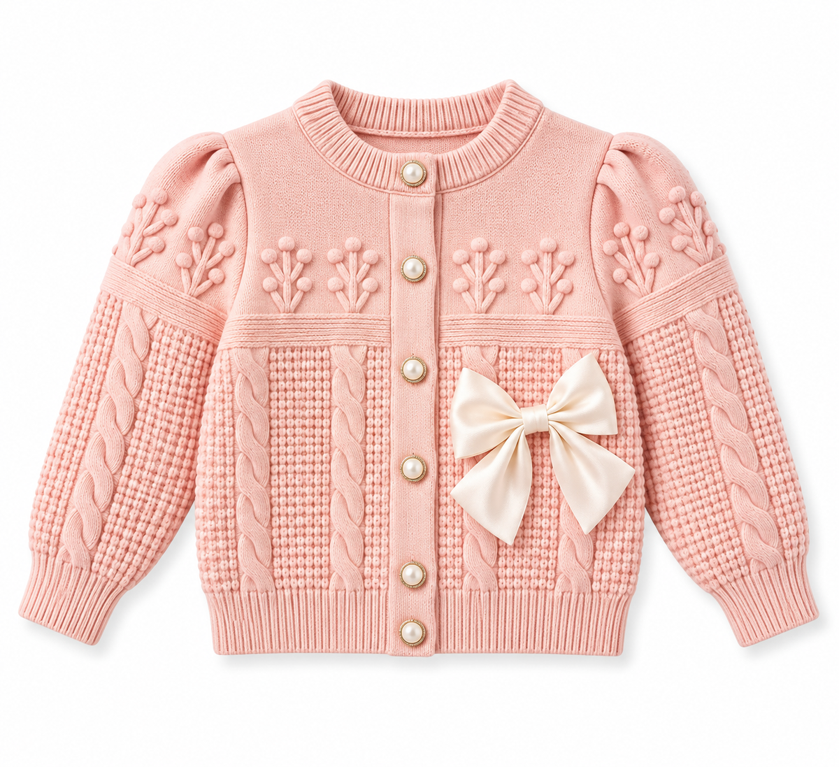 A pink knit cardigan sweater for toddlers, featuring textured cable and waffle patterns, decorative leaf embroidery on the chest, puffed sleeves, a cream-colored bow on the front, and pearl-like buttons.