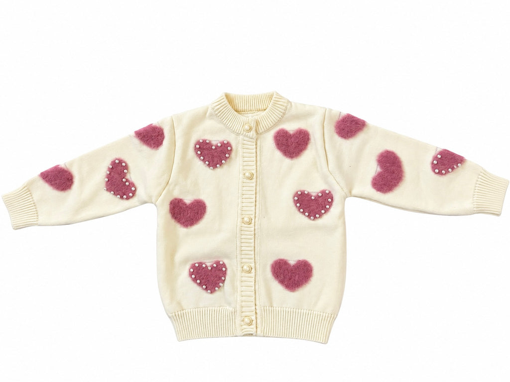 Girls’ Heart Knit Cardigan – Pink /Beige | Mamazee