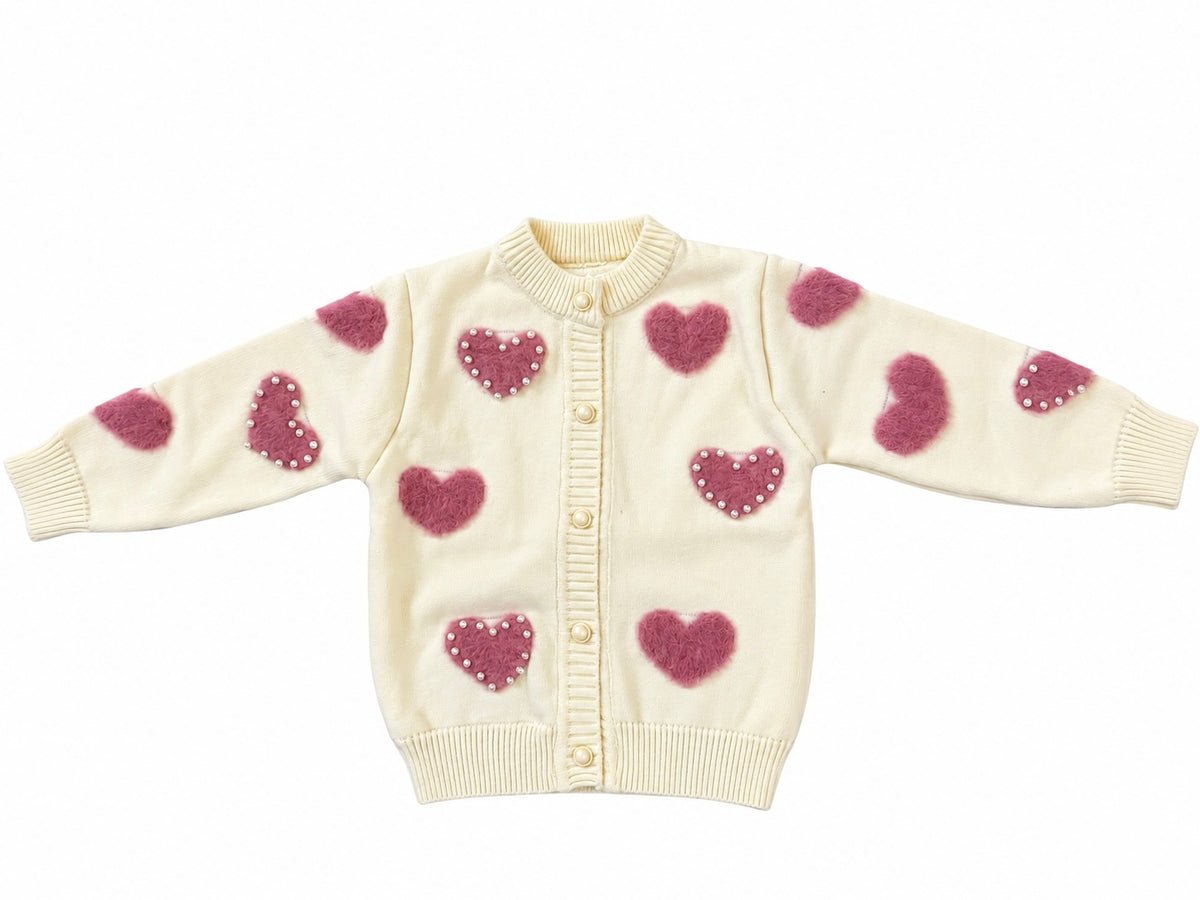 Girls’ Heart Knit Cardigan – Pink /Beige | Mamazee