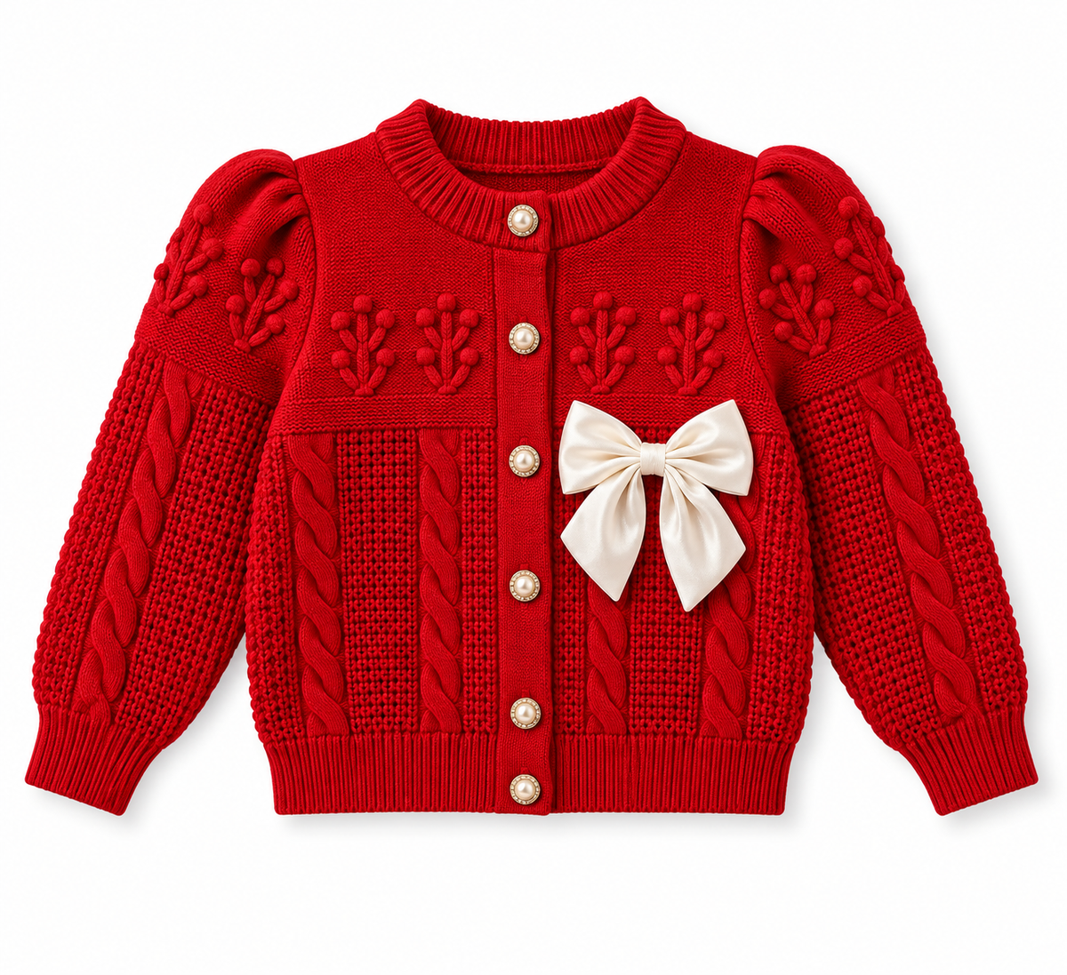 A red knit cardigan sweater for toddlers, featuring textured cable and puff sleeves, decorative leaf patterns on the chest, a vertical button closure with gold-tone buttons, and a large cream-colored bow on the front.