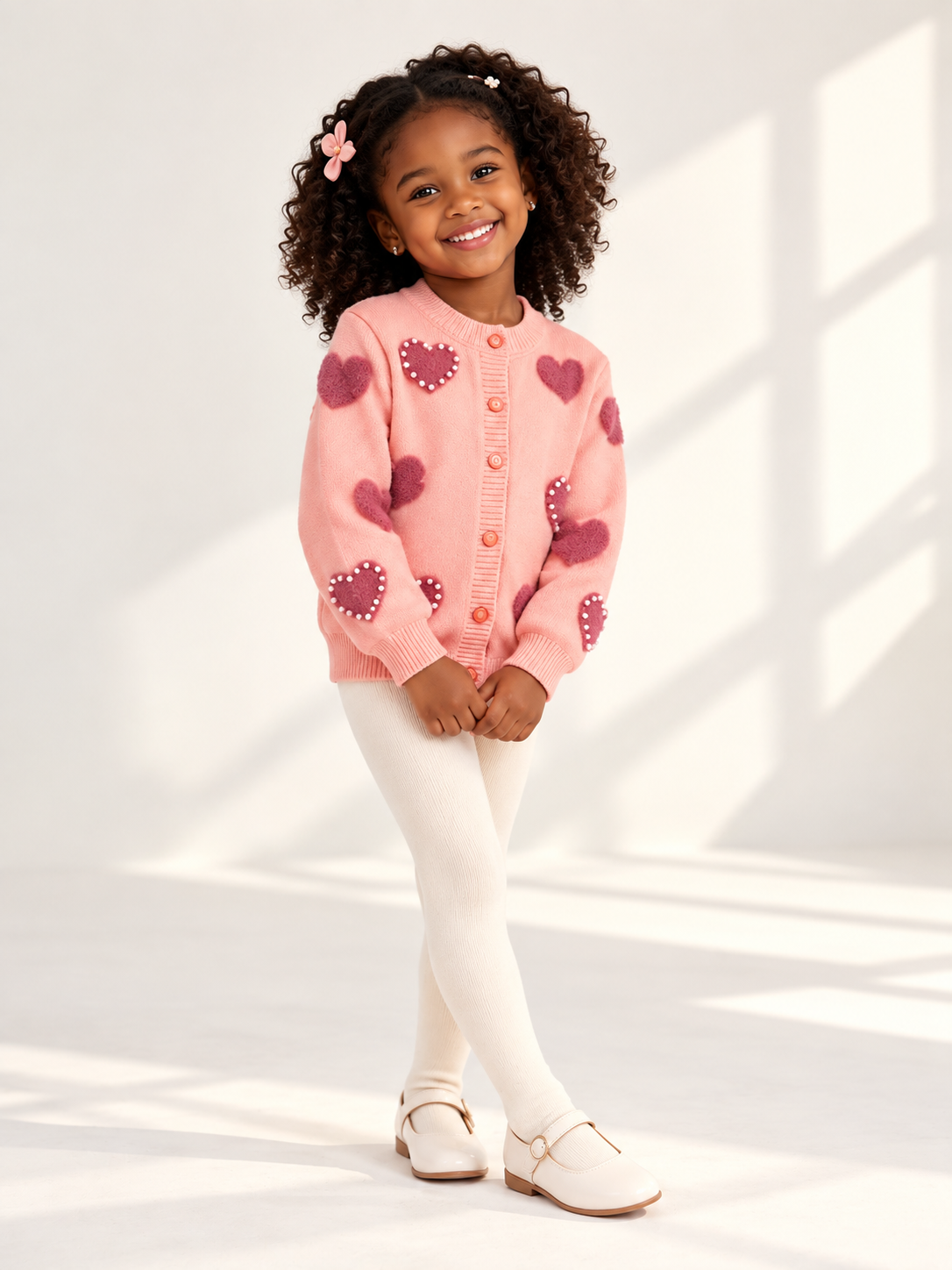 Girls’ Heart Knit Cardigan – Pink /Beige | Mamazee
