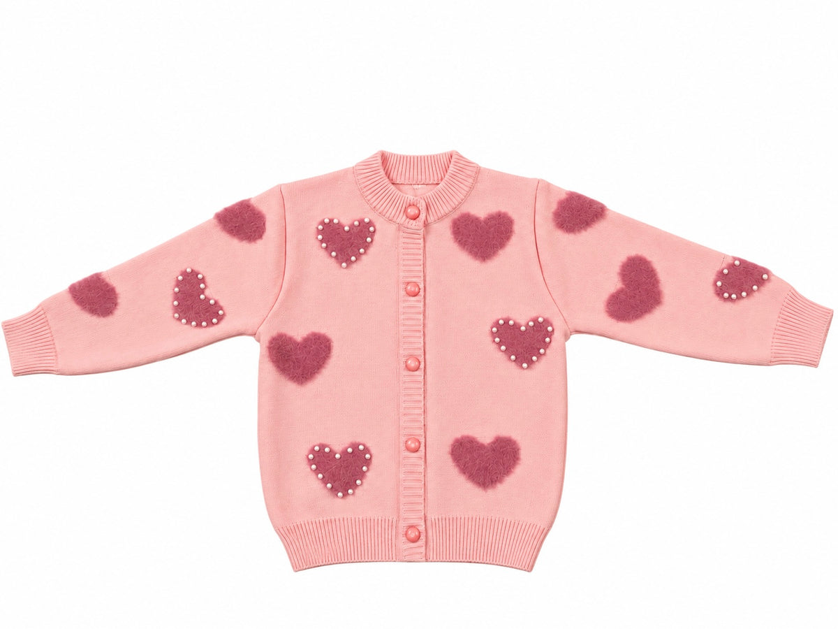 Girls’ Heart Knit Cardigan – Pink /Beige | Mamazee