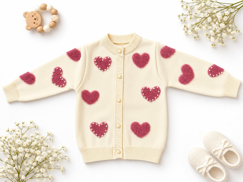 Girls’ Heart Knit Cardigan – Pink /Beige | Mamazee