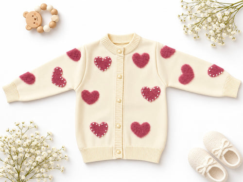 Girls’ Heart Knit Cardigan – Pink /Beige | Mamazee