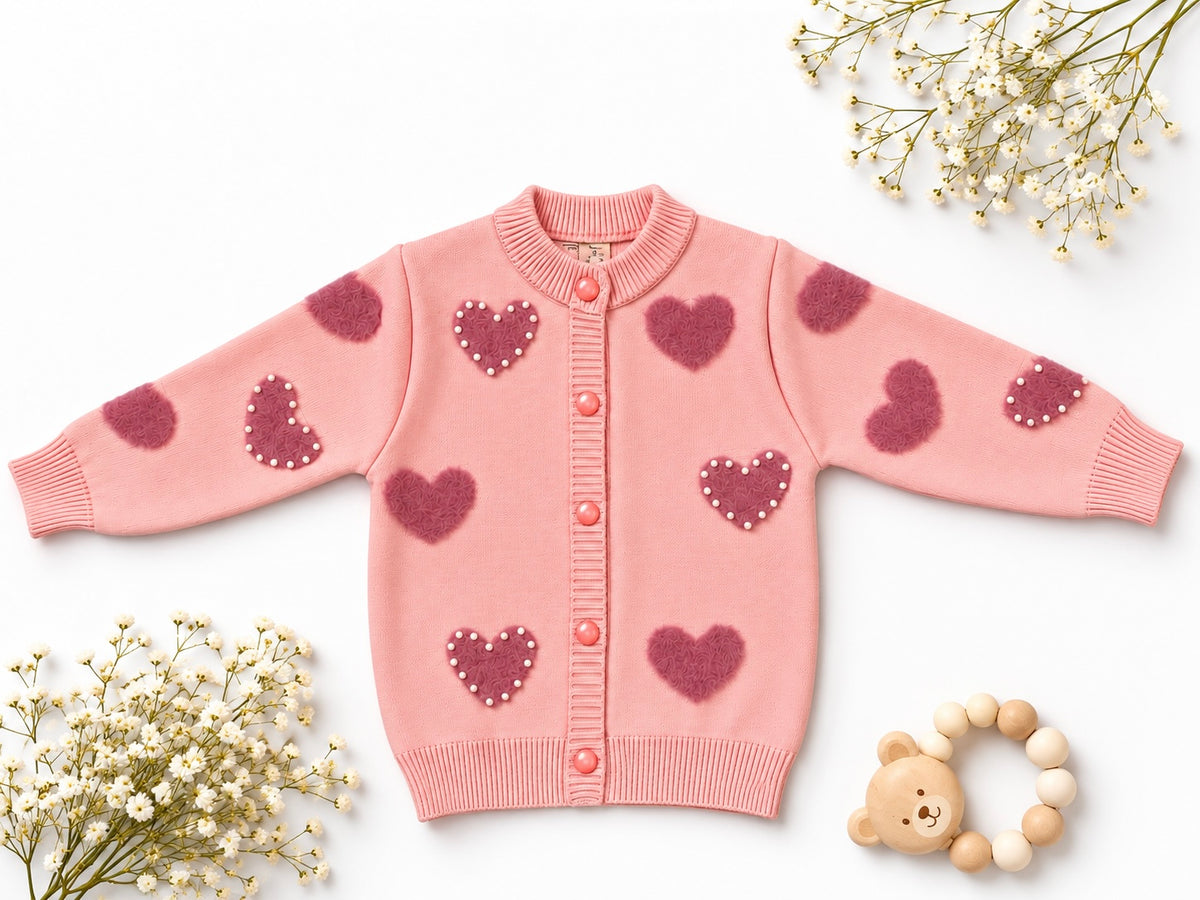 Girls’ Heart Knit Cardigan – Pink /Beige | Mamazee