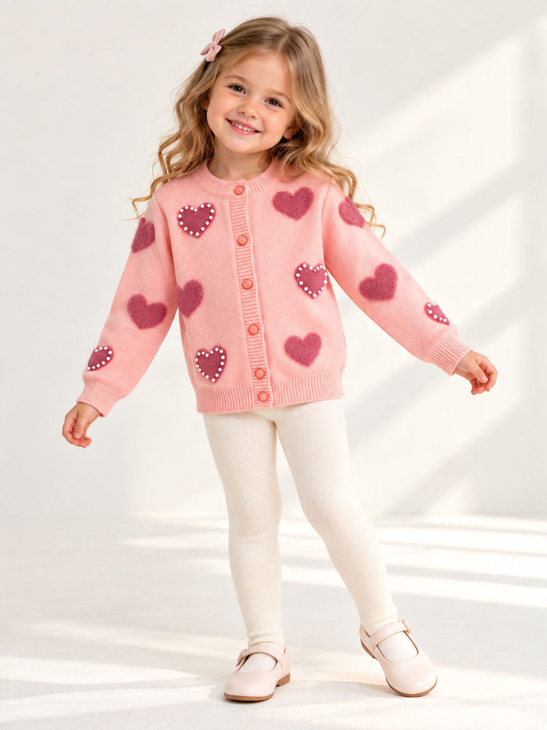 Girls’ Heart Knit Cardigan – Pink /Beige | Mamazee