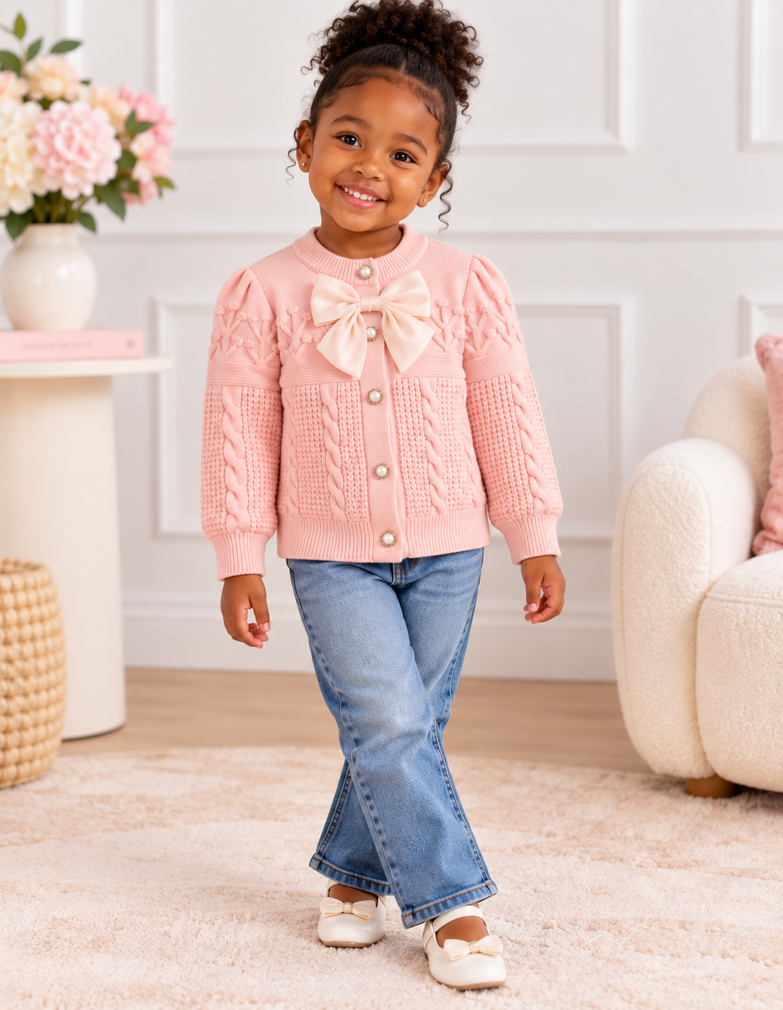 A young girl with curly hair is smiling and posing in a cozy room, wearing a light pink cable-knit cardigan sweater with a large matching bow on the chest, blue jeans, and white shoes.