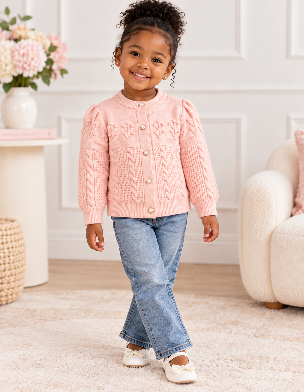 A young girl smiling and posing in a pink cable-knit cardigan sweater, blue jeans, and white shoes in a bright, modern room.