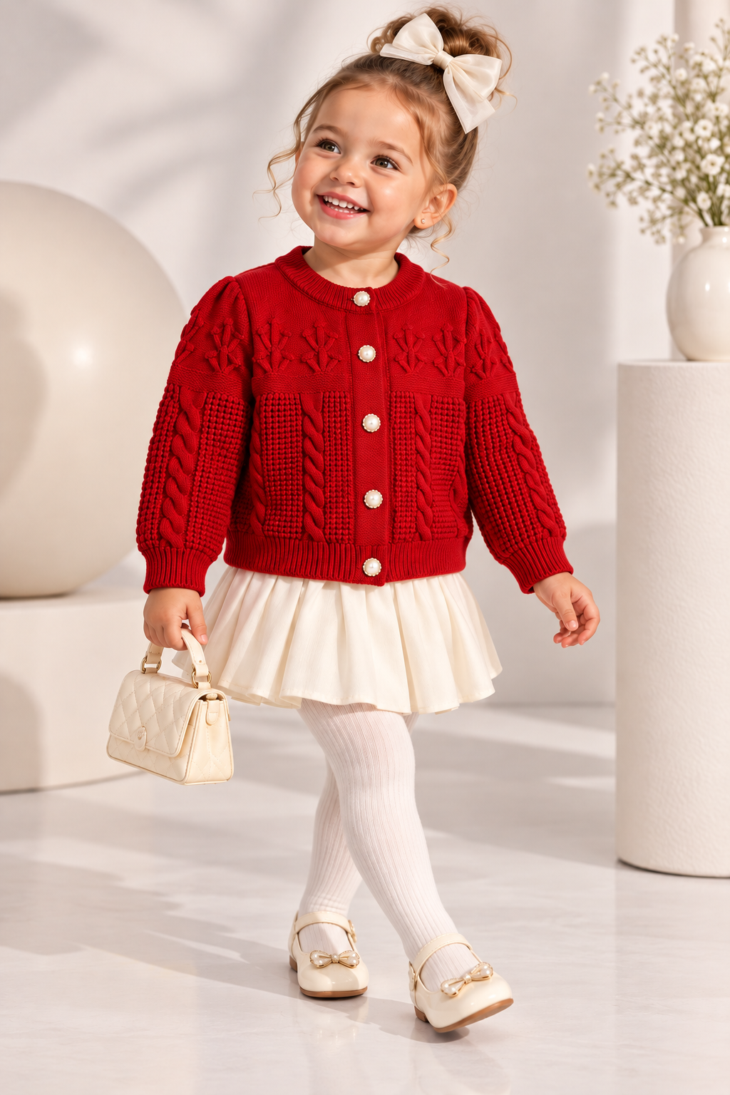 A young girl models a festive red cable-knit cardigan sweater with white buttons, paired with a cream pleated skirt, white tights, and cream shoes. She holds a small cream handbag and wears a cream bow in her hair, set against a bright, modern minimalist studio background.