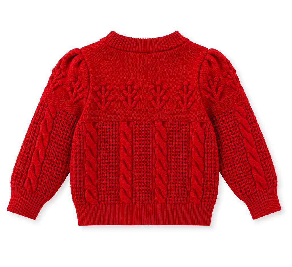 A bright red baby or toddler cable-knit sweater shown from the back, featuring textured knit patterns, ribbed collar, cuffs, and hem, on a plain white background.